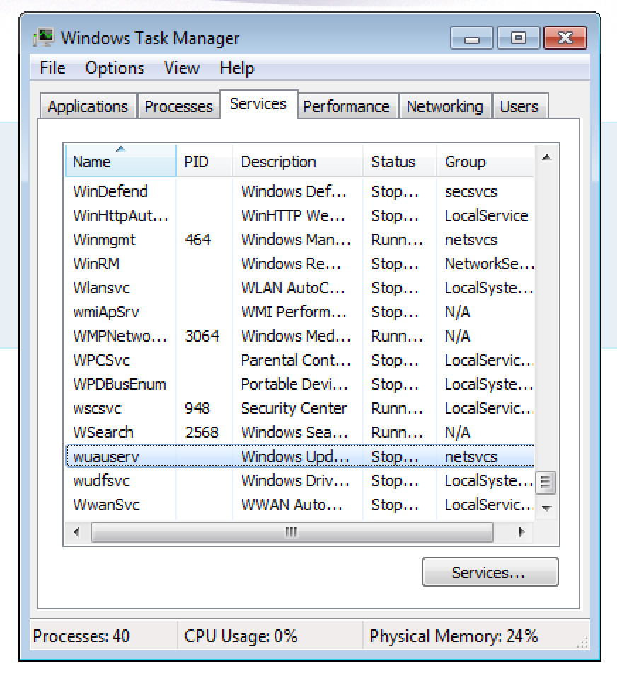 Windows Task Manager, Services tab